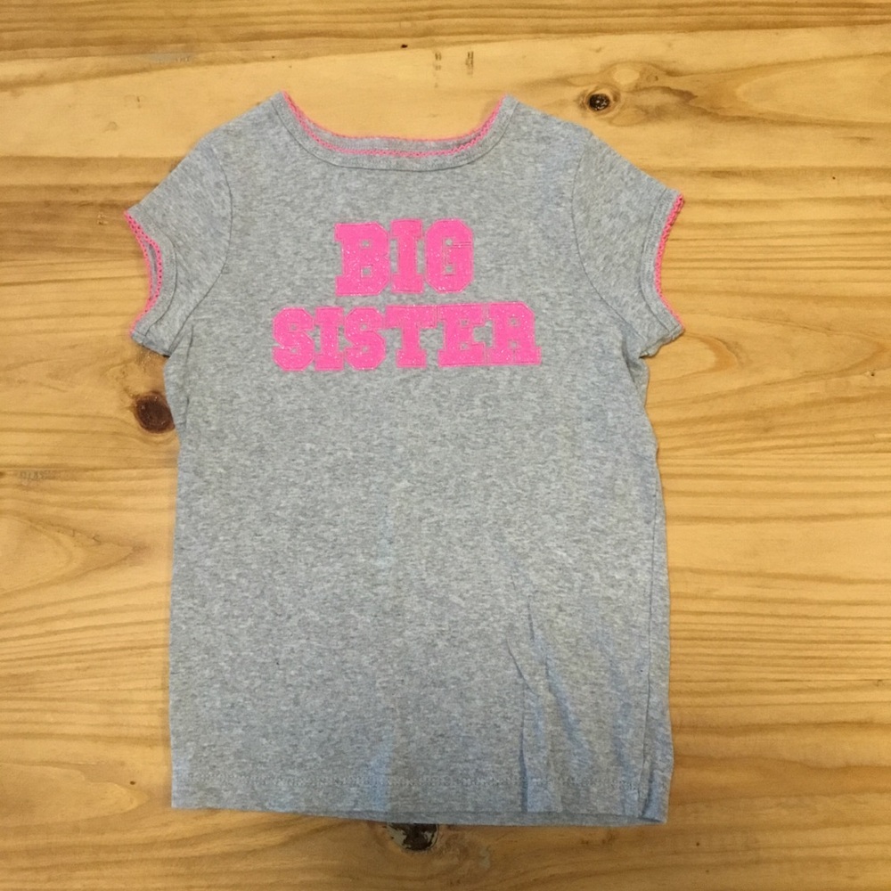 Cute Girls Graphic Tees Kids Summer T-shirt “Big Sister” Glitter Grey & Pink 6X